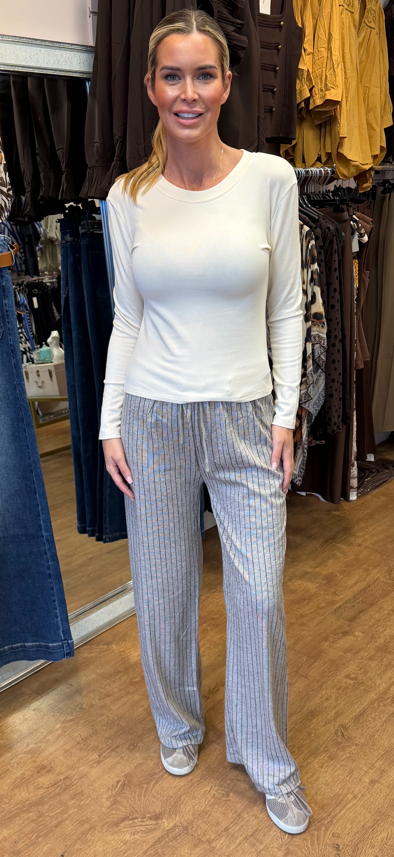 LOLA trousers pin stripe taupe